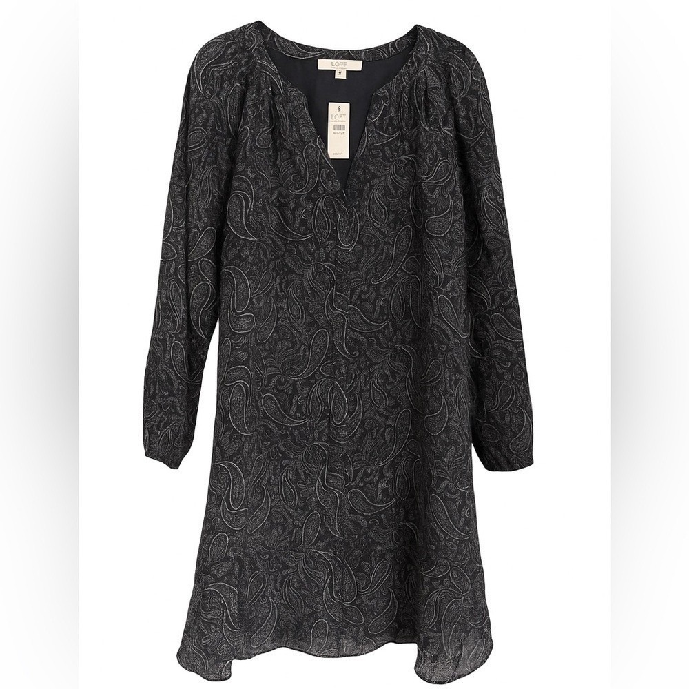 NWT LOFT Charcoal Paisley Boho Dress Medium Whimsigoth Long Sleeve MSRP $90